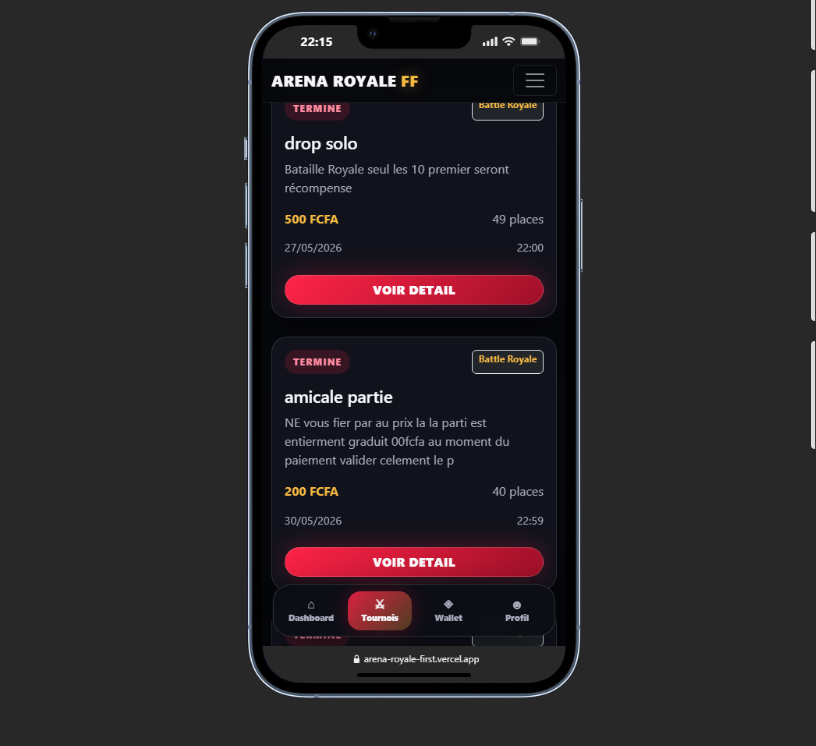 Arena Royale - Maquette mobile de la plateforme